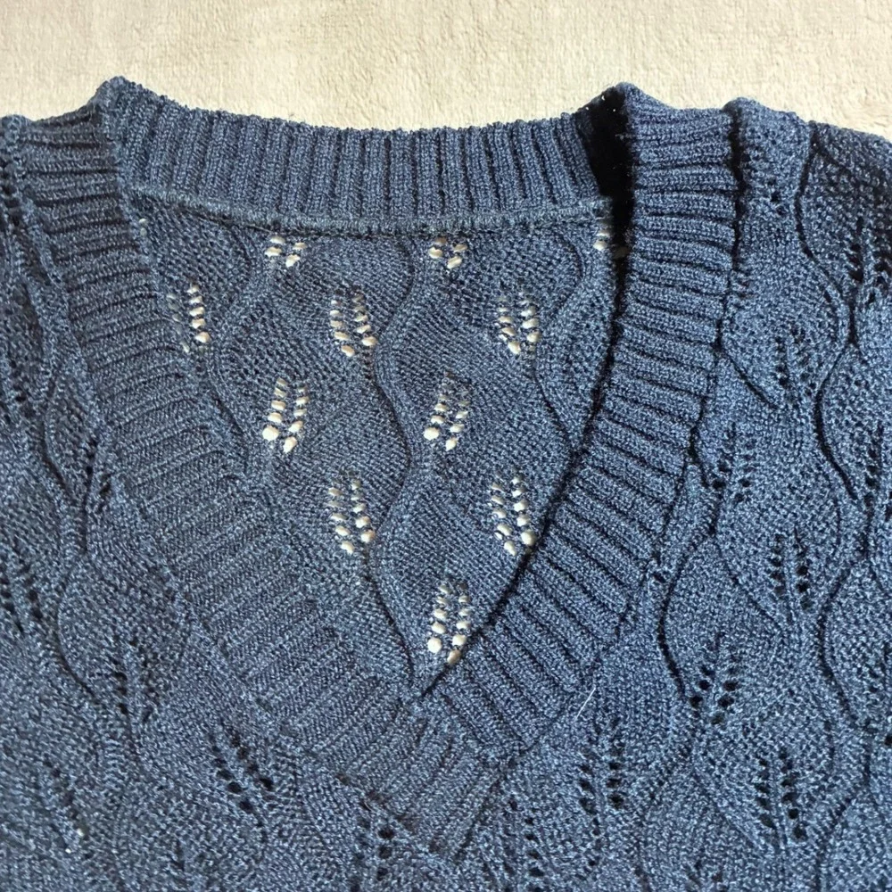Handmade Vintage Navy Pointelle Knit 2 Piece Skirt Set Scalloped V-Neck Midi